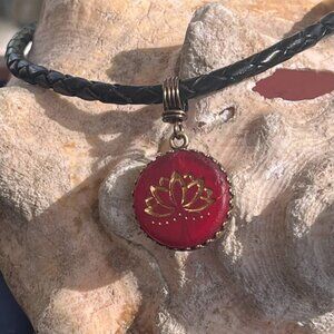 Braided Leather Necklace, Red Lotus Pendant, Women's Men's Layering Necklace